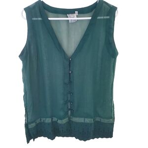 Papillon Women Sheer Top M Button Up Ribbon Embellished Trim Forest Fairy Grunge